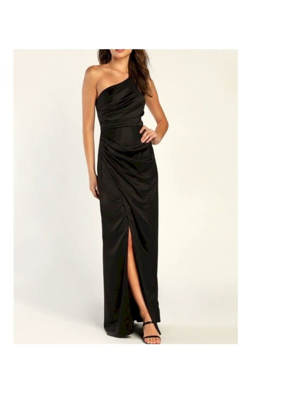 Lulus Dreaming of Elegance Black Satin One-Shoulder Maxi Dress Side Slit Large